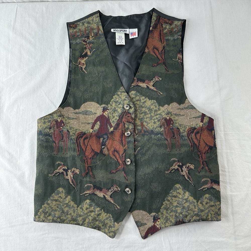 Vtg VRG Sport Women's Multicolor Horse Tapestry Vest Size M Equestrian Old Money
